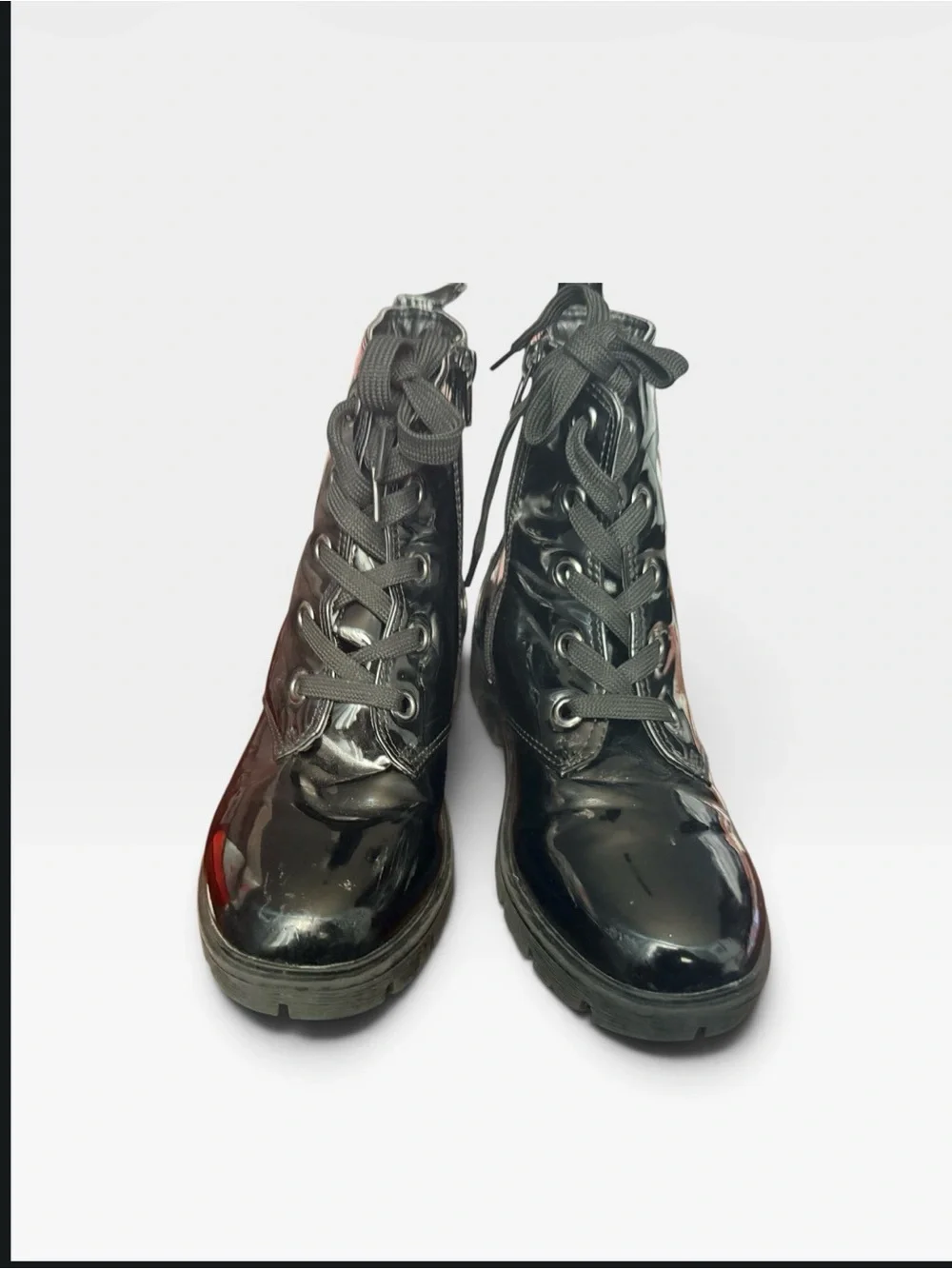 DKNY Black Patent Lace-Up Combat Boots with Red Heart Logo